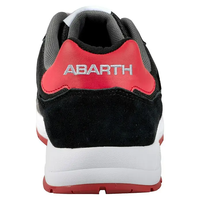 Abarth Zapato bajo de seguridad 595 - 44, Clase de protección según EN ISO 20345: S3, Negro/Rojo - Vista trasera de una zapatilla negra, roja y blanca con "ABARTH" bordado en la lengüeta roja del talón. Parte superior de varios materiales, suela blanca.