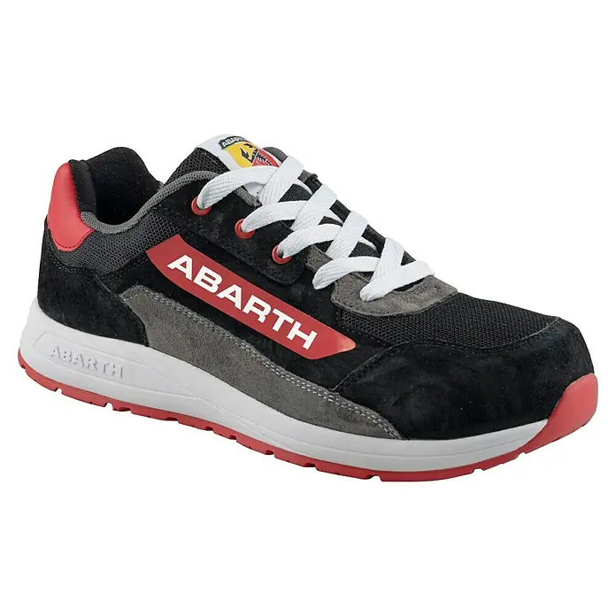 Abarth Zapato bajo de seguridad 595 - 44, Clase de protección según EN ISO 20345: S3, Negro/Rojo - Zapatilla Abarth negra y gris con detalles rojos, cordones blancos y entresuela blanca.