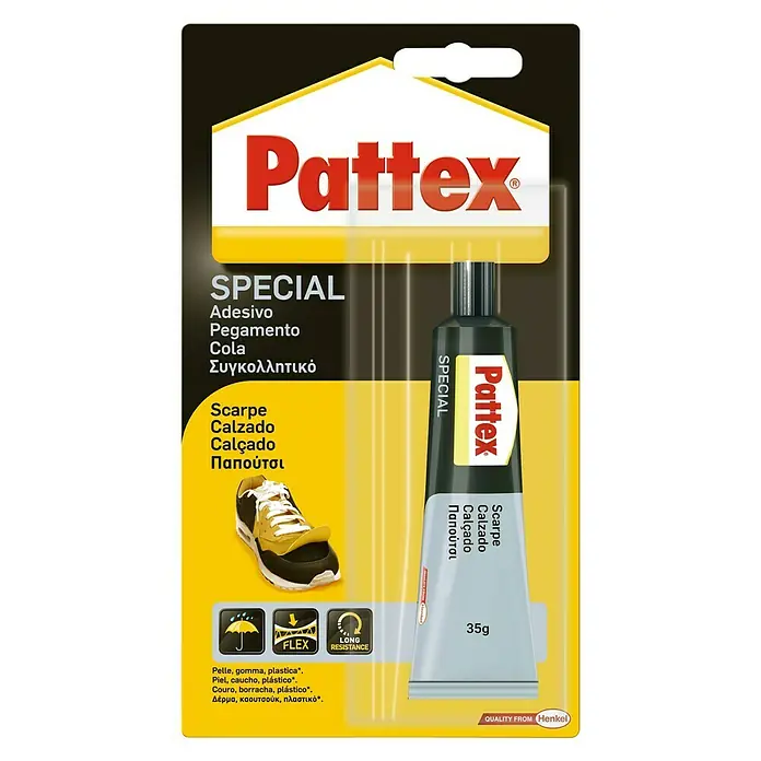 Pattex Adhesivo especial Calzado - 35 g - Imagen del envase del adhesivo especial para calzado Pattex, que muestra el pegamento y detalles como su aplicación para la reparación de calzado.