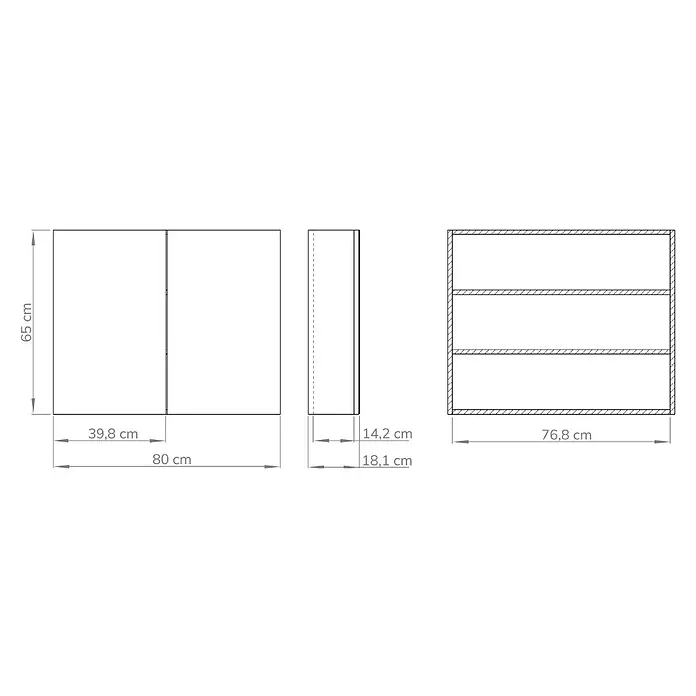 Artysan Armario con espejo - An x Al: 80 x 65 cm, Madera, Blanco - Dibujo técnico de un armario de 65x80x18,1 cm con dos puertas y tres estantes, incl. medidas.