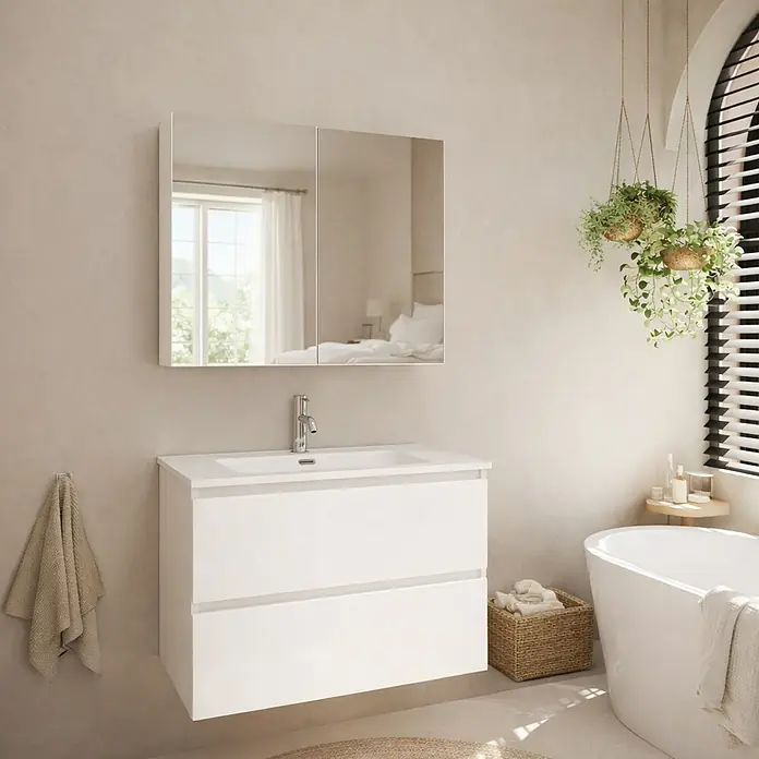 Artysan Armario con espejo - An x Al: 80 x 65 cm, Madera, Blanco - Mueble de baño blanco suspendido con lavabo integrado y armario con espejo doble, en un baño moderno.