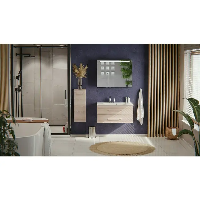 Fackelmann Oxford Badmöbel-Set - Gesamtbreite Badmöbel: 90 cm, Braun Hell, Matt, 3-Teiliges Set mit Spiegelschrank - Modernes Bad mit Waschtisch und Hochschrank aus hellem Holz, schwarz gerahmter Dusche und freistehender Badewanne.