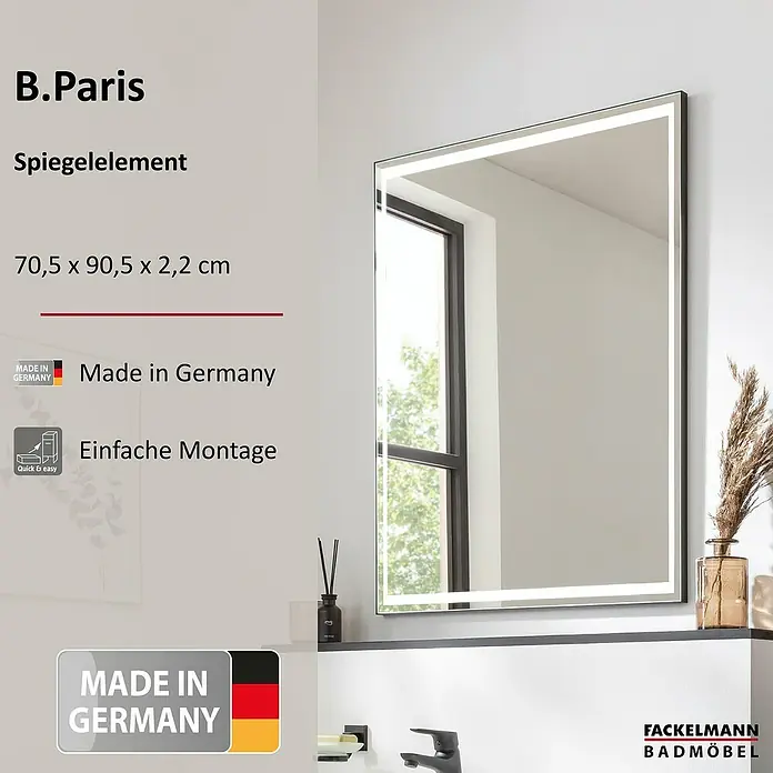 Fackelmann B.Paris LED-Lichtspiegel - 70,5 x 90,5 cm - Modernes rechteckiges Badspiegel mit integrierter LED-Beleuchtung, das einen Blick aus dem Fenster reflektiert.