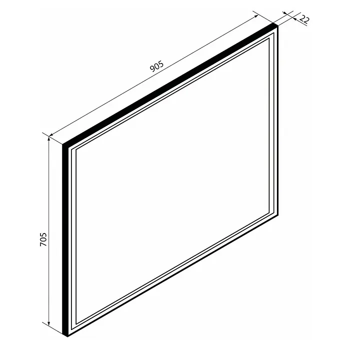 Fackelmann B.Paris LED-Lichtspiegel - 70,5 x 90,5 cm - Technische Zeichnung eines rechteckigen Paneels oder Rahmens, 905x705x22 mm.
