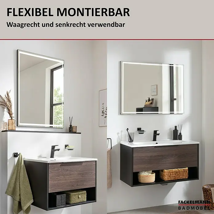 Fackelmann B.Paris LED-Lichtspiegel - 70,5 x 90,5 cm - Zwei dunkle Holz-Badmöbel mit weißen Waschbecken und LED-Spiegeln, ein Spiegel vertikal, einer horizontal montiert, in einem modernen Bad.