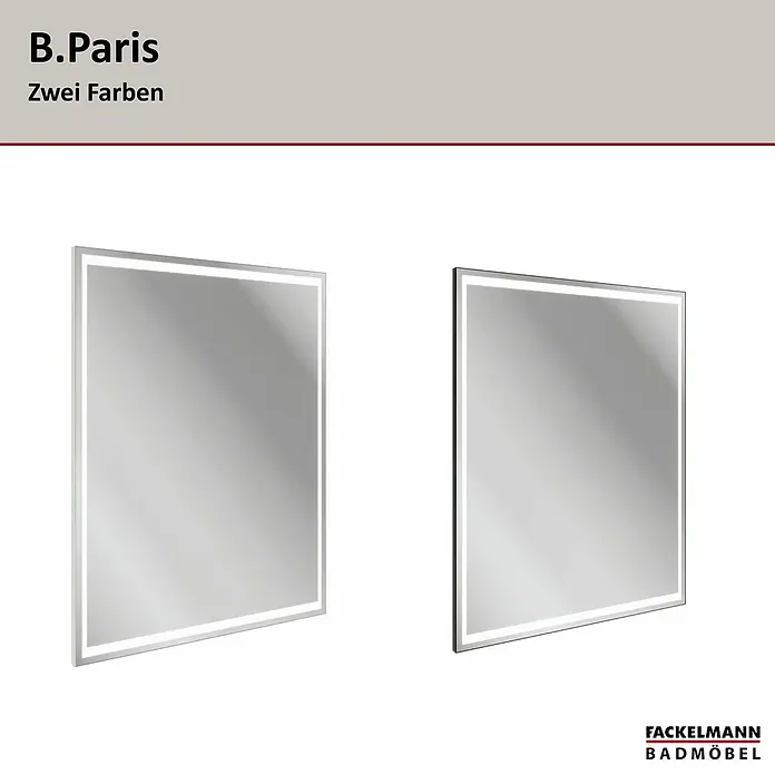 Fackelmann B.Paris LED-Lichtspiegel - 70,5 x 90,5 cm - Zwei beleuchtete Badezimmerspiegel, einer mit silbernem, der andere mit dunklem Rahmen.