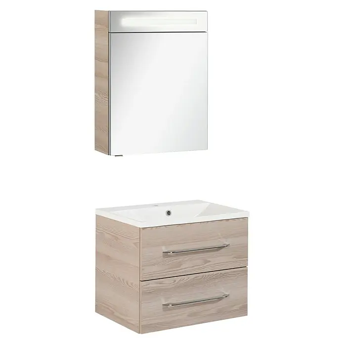 Fackelmann Oxford Badmöbel-Set - Gesamtbreite Badmöbel: 60 cm, Braun Hell, Matt, 3-Teiliges Set mit Spiegelschrank - Badezimmerunterschrank in heller Holzoptik mit weißem Waschbecken, Chromgriffen und passendem Spiegelschrank mit Beleuchtung.