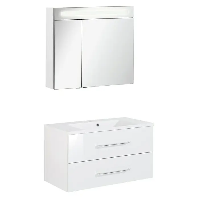 Fackelmann Oxford Badmöbel-Set - Gesamtbreite Badmöbel: 90 cm, Weiß, Hochglänzend, 3-Teiliges Set mit Spiegelschrank - Weißer glänzender Badunterschrank mit Waschbecken und passendem Spiegelschrank mit Beleuchtung.