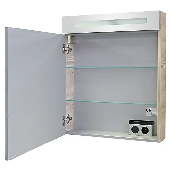 Fackelmann Oxford Badmöbel-Set - Gesamtbreite Badmöbel: 60 cm, Braun Hell, Matt, 3-Teiliges Set mit Spiegelschrank - Offener Badschrank mit heller Holzoptik, hellgrauer Tür, zwei Glasablagen, integrierter Beleuchtung und Steckdose.