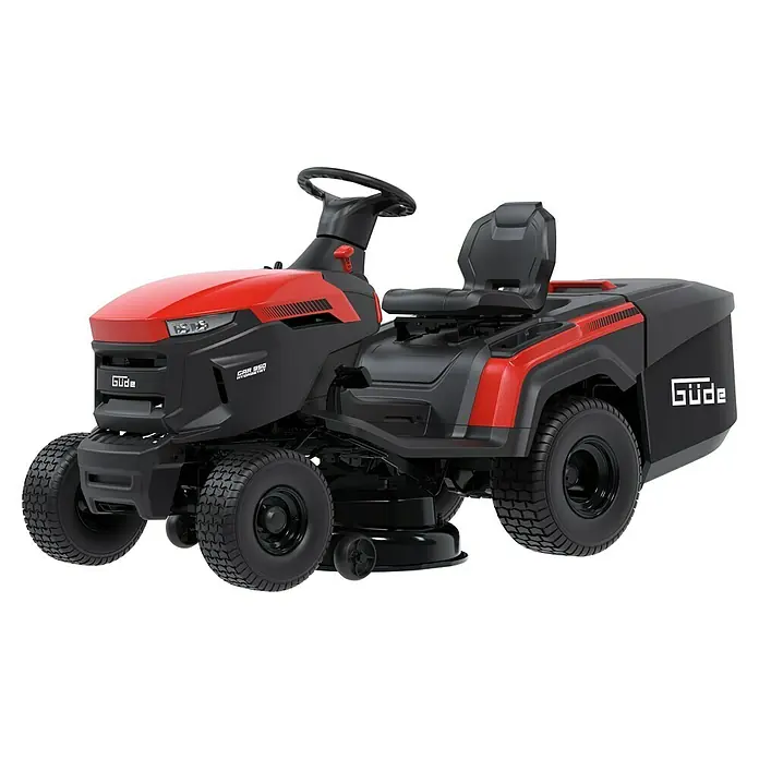 Güde Rasentraktor GAR 950 Hydrostat - 449 cm³, Schnittbreite: 940 mm - Roter und schwarzer Güde GAR 950 Hydrostat Aufsitzrasenmäher mit Lenkrad, Sitz und Heckfangkorb.
