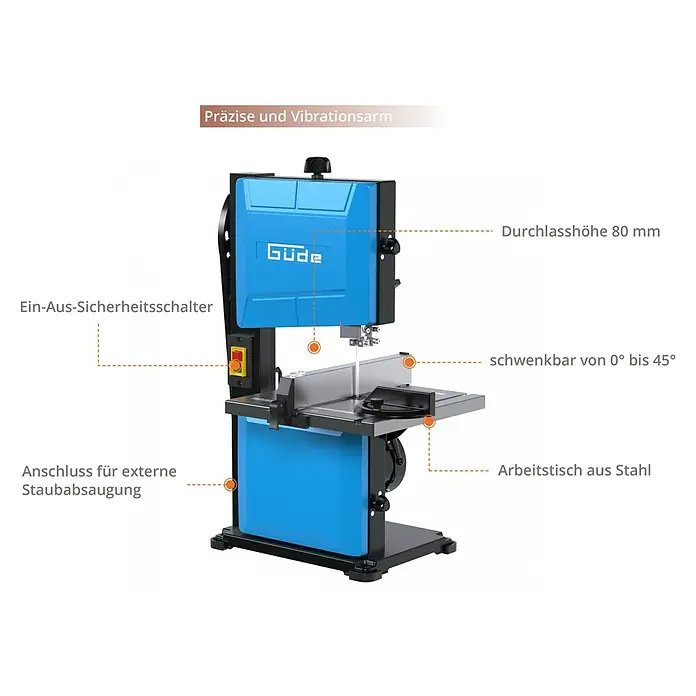 Güde Bandsäge GBS 200S - 350 W, Durchlassbreite: 200 mm - Blauer und schwarzer Güde Bandsäge mit 80mm Schnitthöhe, verstellbarem Arbeitstisch (0-45°), Sicherheitsschalter und Staubabsauganschluss.