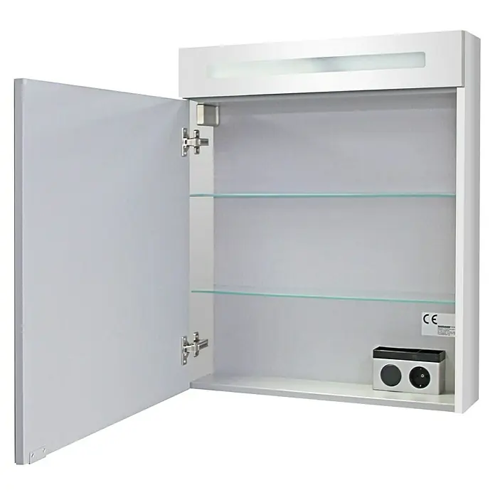 Fackelmann Oxford Badmöbel-Set - Gesamtbreite Badmöbel: 60 cm, Weiß, Hochglänzend, 3-Teiliges Set mit Spiegelschrank - Weißer Spiegelschrank für das Bad, Tür geöffnet, mit integrierter Lichtleiste, zwei Glasböden und einer internen Steckdose.