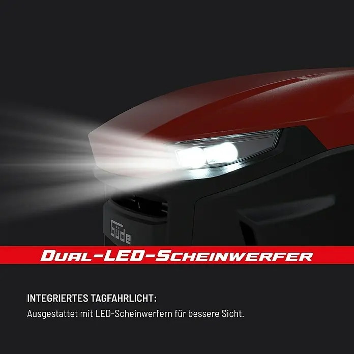 Güde Rasentraktor GAR 950 Hydrostat - 449 cm³, Schnittbreite: 940 mm - Roter und schwarzer Maschinenkopf mit eingeschalteten Dual-LED-Scheinwerfern für bessere Sicht.