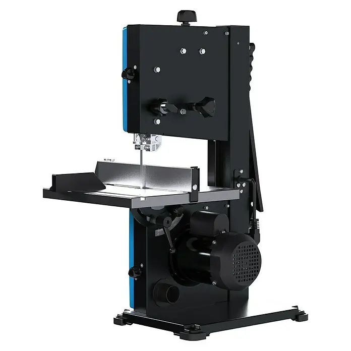 Güde Bandsäge GBS 200S - 350 W, Durchlassbreite: 200 mm - Schwarze und blaue Bandsäge mit silberner Metalltischplatte und Sägeblatt für präzises Schneiden.