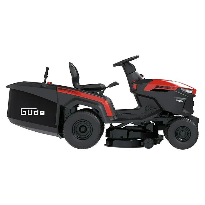 Güde Rasentraktor GAR 950 Hydrostat - 449 cm³, Schnittbreite: 940 mm - Roter und schwarzer Aufsitzmäher mit Fahrersitz, Lenkrad und großem Grasfangkorb.