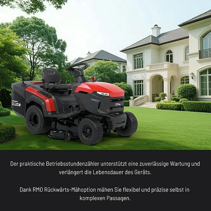 Güde Rasentraktor GAR 950 Hydrostat - 449 cm³, Schnittbreite: 940 mm - Roter und schwarzer Güde Aufsitzmäher auf grünem Rasen vor einem Haus.