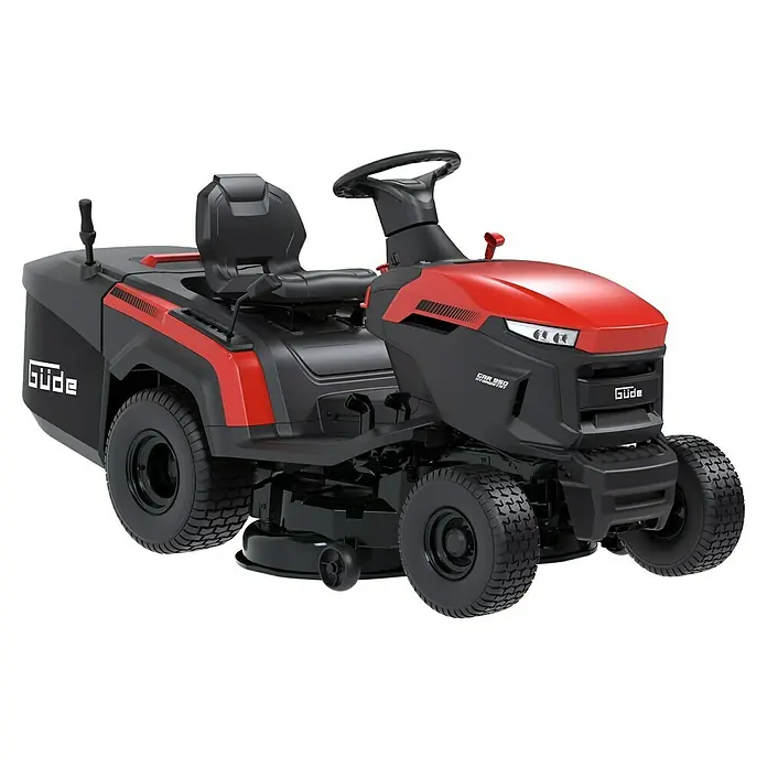 Güde Rasentraktor GAR 950 Hydrostat - 449 cm³, Schnittbreite: 940 mm - Roter und schwarzer Aufsitzrasenmäher mit schwarzen Rädern, bequemem Sitz, Lenkrad und Frontscheinwerfern.