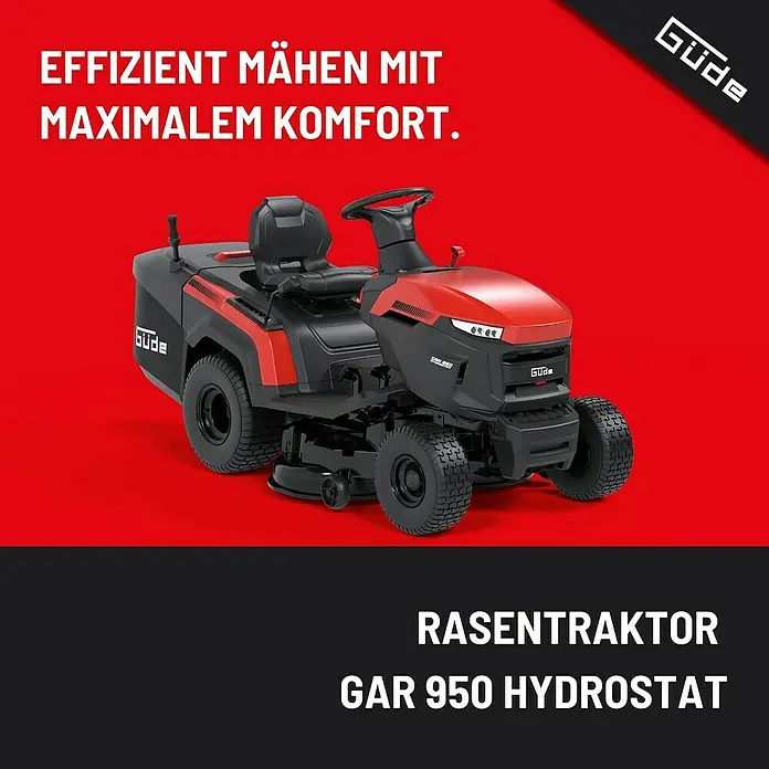 Güde Rasentraktor GAR 950 Hydrostat - 449 cm³, Schnittbreite: 940 mm - Rot-schwarzer Güde GAR 950 Hydrostat Rasenmäher-Traktor für effizientes Mähen.