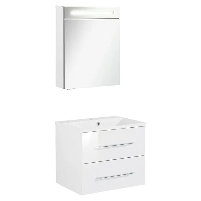 Fackelmann Oxford Badmöbel-Set - Gesamtbreite Badmöbel: 60 cm, Weiß, Hochglänzend, 3-Teiliges Set mit Spiegelschrank - Weißer Badspiegelschrank mit Beleuchtung und passender Waschtischunterschrank mit Waschbecken und zwei Schubladen.