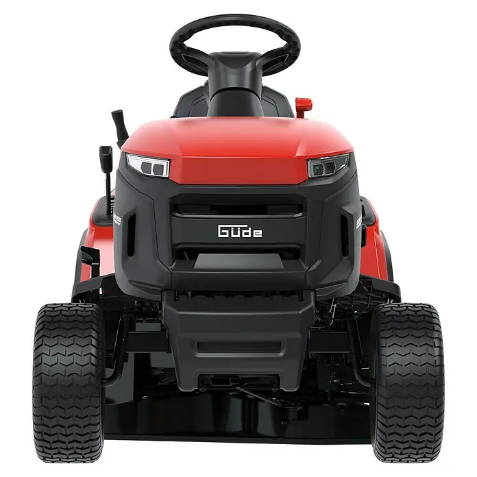 Güde Rasentraktor GAR 950 Hydrostat - 449 cm³, Schnittbreite: 940 mm - Rot-schwarzer Güde Rasentraktor mit großen Reifen und Lenkrad, von vorne gesehen.