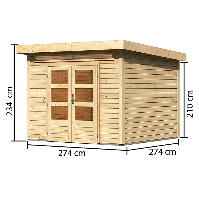 Karibu Gartenhaus Kandern 6 - Außenmaß inkl. Dachüberstand (B x T): 305 x 303 cm, Holz, Natur - Abbildung eines Holzschuppens mit den Maßen 274 cm x 274 cm und einer Höhe von 234 cm vorne und 210 cm an der Seite.