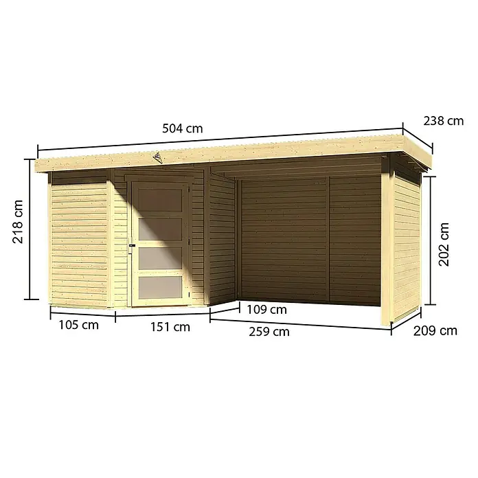 Karibu Gartenhaus Schwandorf 3 - Außenmaß inkl. Dachüberstand (B x T): 504,5 x 238 cm, Holz, Natur, Mit Seitendach, Rück- und Seitenwand - Ansicht der Abmessungen einer Gartenhütte mit Tür, Anbau und den Maßangaben in Zentimetern.