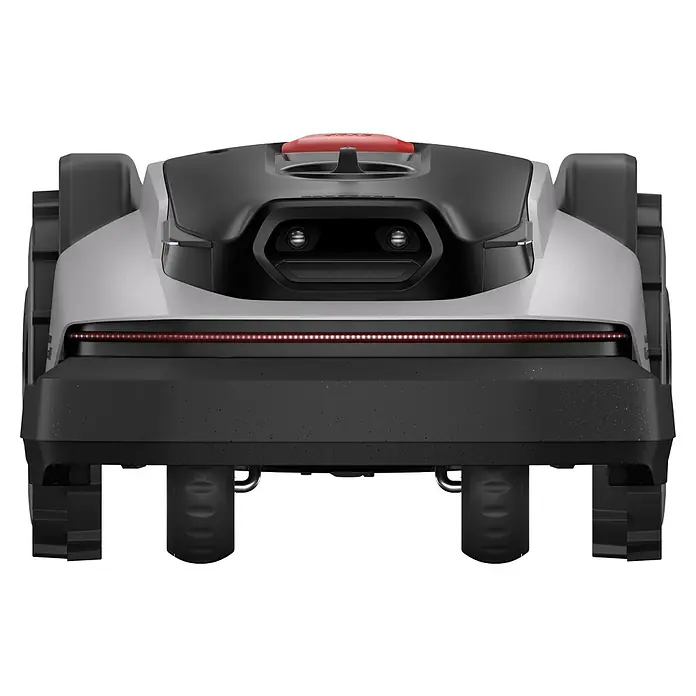 Roborock Mähroboter Q105 - 500 m², Schnittbreite: 22 cm, Satellitengestützte Navigation, RTK - Rückansicht eines grau-schwarzen Mähroboters mit rotem Not-Aus-Knopf und roter LED-Lichtleiste.
