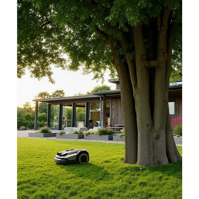 Roborock Mähroboter Q105 - 500 m², Schnittbreite: 22 cm, Satellitengestützte Navigation, RTK - Grauer und dunkelgrauer Mähroboter auf einem grünen Rasen in einem modernen Garten.