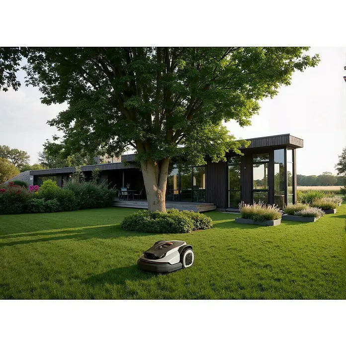 Roborock Mähroboter Q105 - 500 m², Schnittbreite: 22 cm, Satellitengestützte Navigation, RTK - Grauer und schwarzer Rasenroboter mit orangefarbenen Akzenten, bereit zur Pflege eines üppigen Gartenrasens.