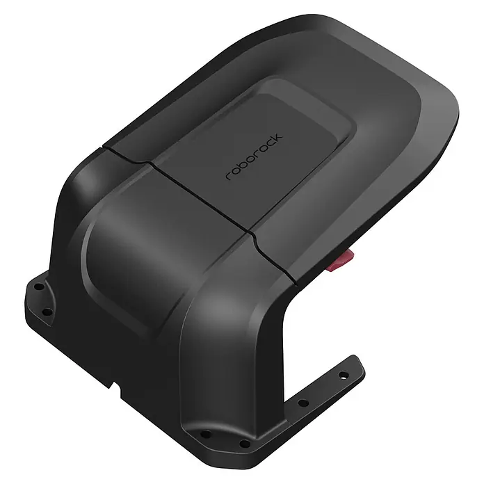 Roborock Mähroboter-Garage - L x B x H: 81,8 x 67,4 x 43,5 cm, Roborock Mähroboter der Q-Serie - Dunkelgraue Kunststoff-Roborock-Roboterrasenmäher-Dockingstation mit Logo und Befestigungslöchern.