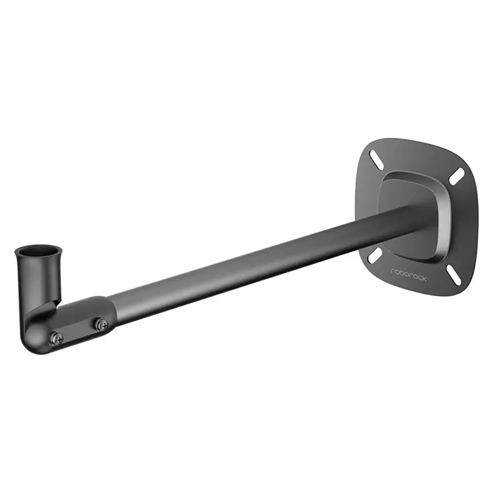 Roborock Wandhalterung für Rasenmäher - Roborock Mähroboter der Q-Serie - Dunkelgraue Metall-Wandhalterung für ein Gerät, mit horizontalem Arm, vertikalem Halter und „roborock“-Logo.