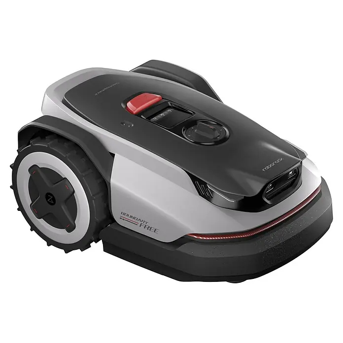 Roborock Mähroboter Q105 - 500 m², Schnittbreite: 22 cm, Satellitengestützte Navigation, RTK - Moderner grauer und schwarzer Mähroboter mit weißen Rädern, rotem STOP-Knopf und Frontsensoren. Mit 'Roborock' Branding und 'Boundary Free' Schriftzug.