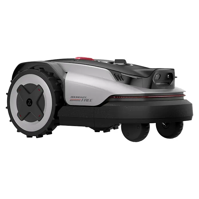 Roborock Mähroboter Q105 - 500 m², Schnittbreite: 22 cm, Satellitengestützte Navigation, RTK - Moderner grau-schwarzer Mähroboter mit großen Profilrädern, einem Hecksensor und "BOUNDARY FREE"-Branding.