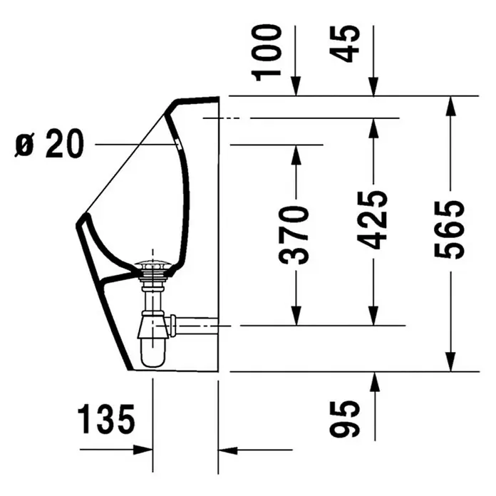 Duravit D-Code Urinal - Unbeschichtet, Zulauf: Hinten, Absaugspülung, Farbe: Weiß, Ohne Zielobjekt, Ohne Urinaldeckel - Abbildung eines Urinals mit Maßangaben für Installationsdetails, ideal für Sanitärplanung und Installation.