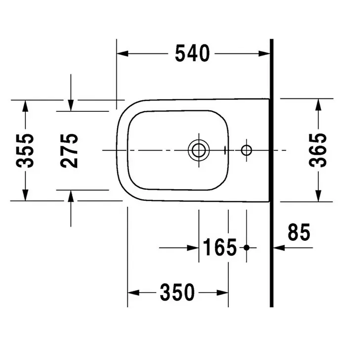 Duravit Happy D.2 Wand-Bidet - 35,5 x 54 cm, Weiß, Keramik, Ohne Spezialglasur - Technische Zeichnung eines Bidet mit Maßen. Das Bidet hat eine rechteckige Form mit abgerundeten Ecken und ist an einer Wand montiert.