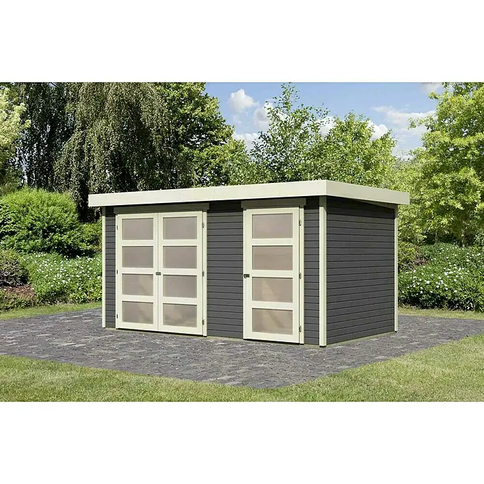 Karibu Gartenhaus Mühlentrup 1 - Außenmaß inkl. Dachüberstand (B x T): 428 x 238 cm, Holz, Terragrau - Geräumiger Garten Schuppen mit Doppeltüren und Seitentür in modernem Design. Perfekt für die Aufbewahrung von Gartengeräten und mehr.