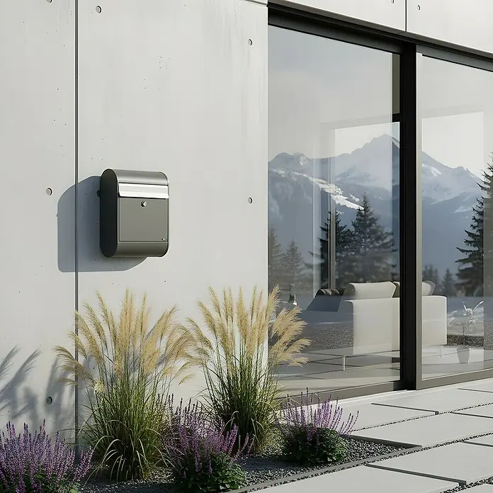 Allux Standbriefkasten 5000 - L x B x H: 160 x 320 x 460 mm, Anthrazit, Stahl - Anthrazitfarbener Briefkasten mit silberner Klappe an moderner Betonwand eines Hauses, umgeben von Pflanzen.