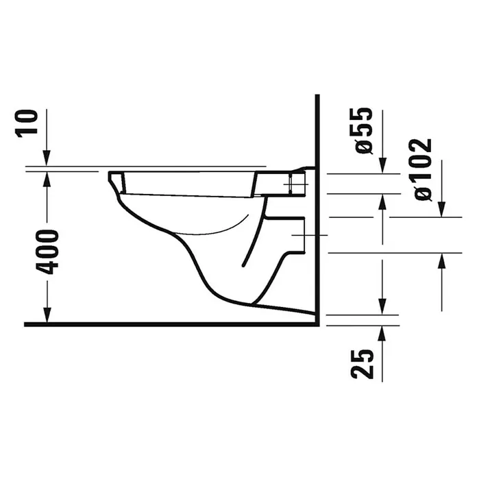 Duravit D-Code Wand-WC Basic - Mit Spülrand, Ohne Spezialglasur, Spülform: Tief, WC Abgang: Waagerecht, Weiß - Schemazeichnung eines Wand-WC mit Höhen- und Durchmesserangaben für Installation und Anschlüsse.