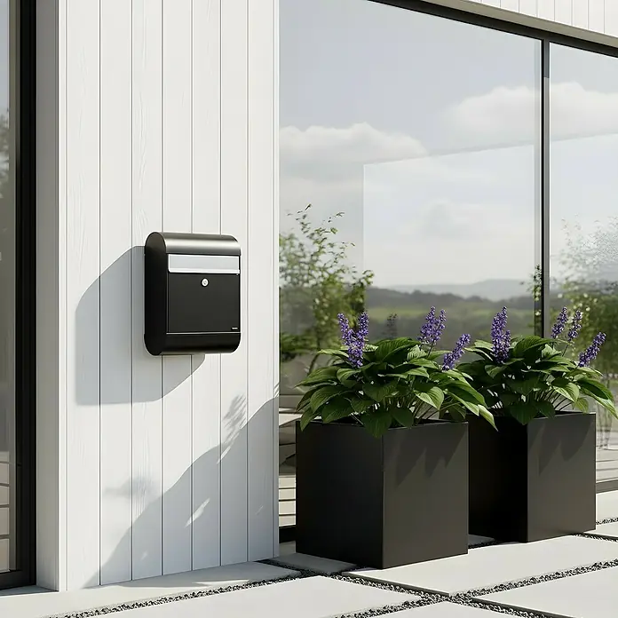 Allux Standbriefkasten 6000 - L x B x H: 170 x 345 x 485 mm, Schwarz / Silber, Stahl - Moderner schwarzer Briefkasten mit silbernen Akzenten an einer weißen Wand, in einer Außenumgebung gezeigt.
