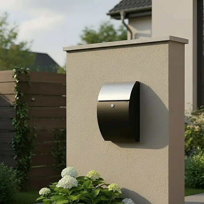 Allux Briefkasten 7000 - L x B x H: 195 x 320 x 510 mm, Schwarz / Silber, Stahl - Schwarzer und silberner Briefkasten an einer strukturierten Wand im Außenbereich.