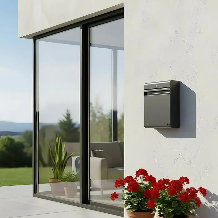 Allux Standbriefkasten Holscher - L x B x H: 175 x 370 x 480 mm, Anthrazit, Stahl - Moderne dunkelgraue Briefkasten an weißer Hauswand neben großer Glastür.