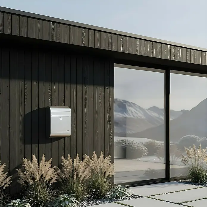 Allux Standbriefkasten 5000 - L x B x H: 160 x 320 x 460 mm, Silber, Stahl - Ein silberner Briefkasten ist an der dunklen Holzwand eines modernen Hauses montiert, eine funktionale Ergänzung zum zeitgenössischen Design.