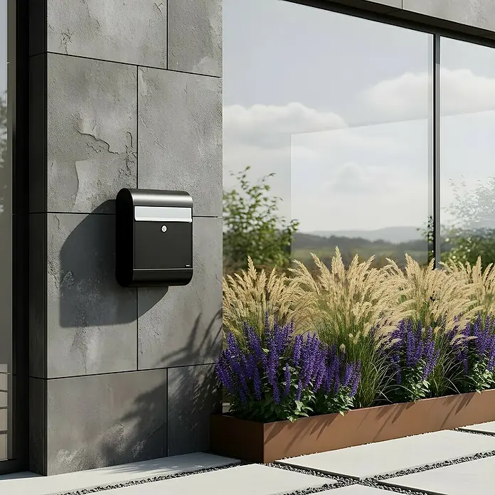 Allux Standbriefkasten 6000 - L x B x H: 170 x 345 x 485 mm, Schwarz / Silber, Stahl - Moderner schwarzer Briefkasten mit silbernem Akzent an einer grauen Strukturwand.