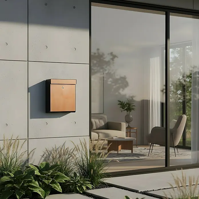 Allux Briefkasten Grundform - L x B x H: 180 x 345 x 440 mm, Schwarz / Kupfer, Stahl - Kupferfarbener Briefkasten mit schwarzen Seiten an moderner Betonwand neben großem Fenster.