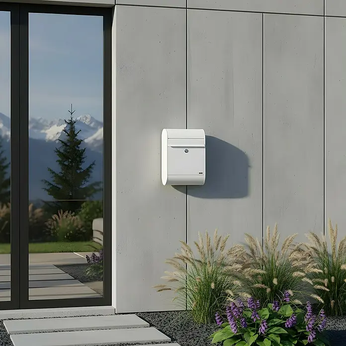 Allux Standbriefkasten 5000 - L x B x H: 160 x 320 x 460 mm, Weiß, Stahl - Weißer moderner Briefkasten mit gewölbter Oberseite, an einer Fassade montiert.