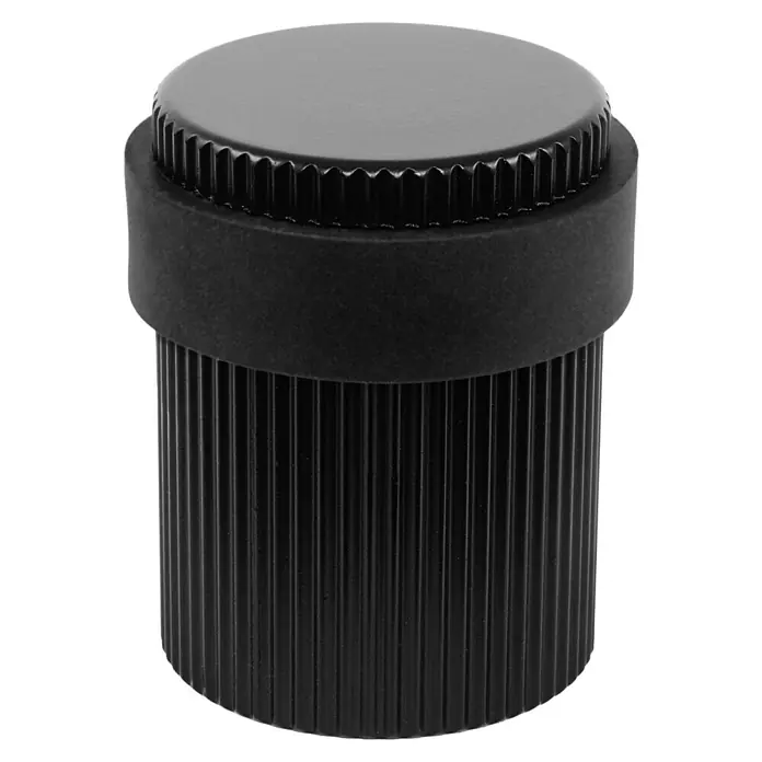 Walteco Türstopper - Ø x H: 34 x 40 mm, Schwarz - Schwarzes zylindrisches Bauteil mit geriffelten Seiten, einem glatten Band und einer strukturierten Oberkante.