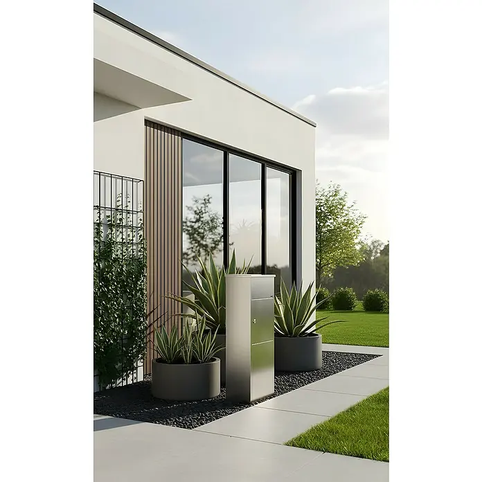 Allux Paketbox 600 - L x B x H: 230 x 380 x 1.050 mm, Silber, Stahl, Paketfach, Sicherheitsschloss - Moderner silberner Edelstahlbriefkasten steht prominent in einem sauberen Außenbereich neben einem Hauseingang.