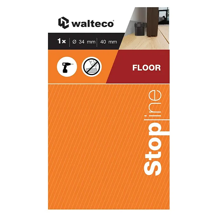 Walteco Türstopper - Ø x H: 34 x 40 mm, Schwarz - Walteco Stopline dunkelgrauer Bodenstopper (Ø 34mm, H 40mm). Auf Holzboden montiert, neben Möbeln. Installation erfordert Bohren.