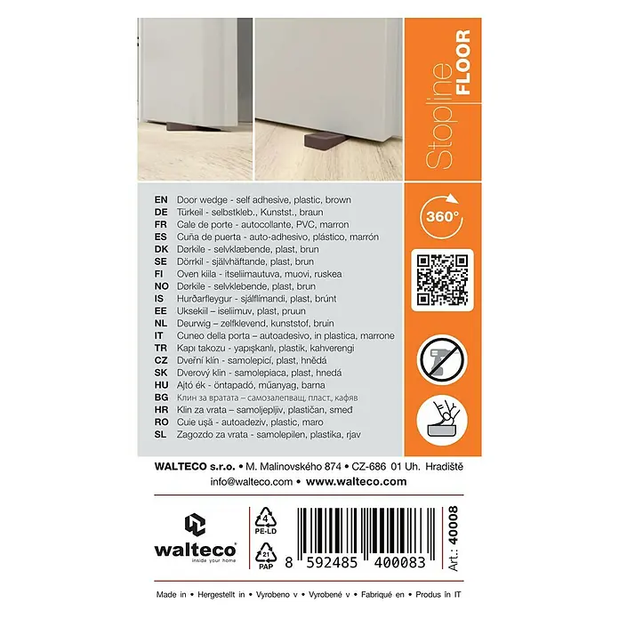 Walteco Türkeil - L x B x H: 50 x 15,5 x 19 mm, Braun, 4 Stk. - Selbstklebender brauner Kunststoff-Türkeil unter einer weißen Tür.
