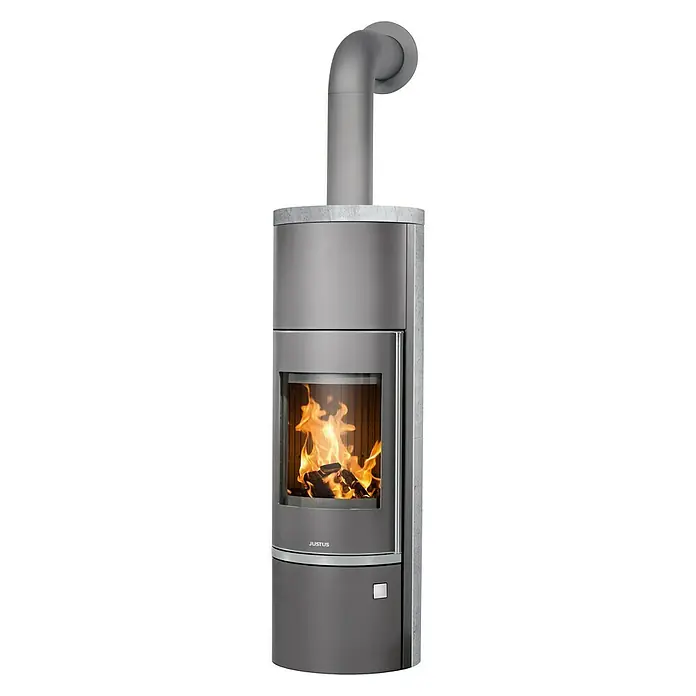 Justus Kaminofen Faro Aqua 2.0 - 8,5 kW, Raumheizvermögen: 200 m³, Material Verkleidung: Speckstein, Gussgrau/Speckstein - Ein moderner Kaminofen in Grau, der Wärme und Stil in jeden Raum bringt. Das elegante Design und die effiziente Heizleistung machen ihn zum Highlight.
